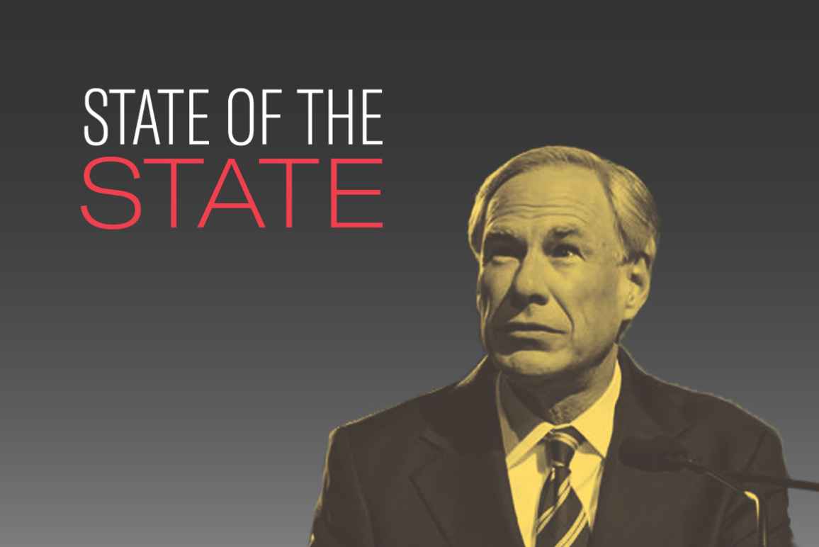 Graphic of Gov. Greg Abbott on grey background with the words: State of the State