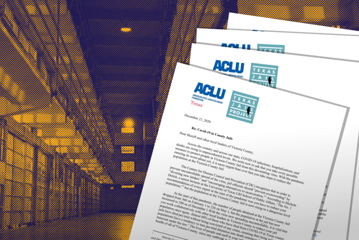 Image: A stylized phot of the interious of a prison shows two levels of cell rows. Documents showing the ACLU of Texas and Texas Jail project logo are splayed across the image. 