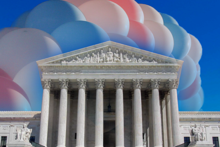 Image: A photo of the Supreme Court building is overlaid with a cluster trans pride colored-balloons.