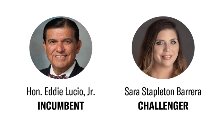Image: Cropped photos of the candidates running for TX Senate District 27, including: Hon. Eddie Lucio Jr. and Sara Stapleton Barrera.