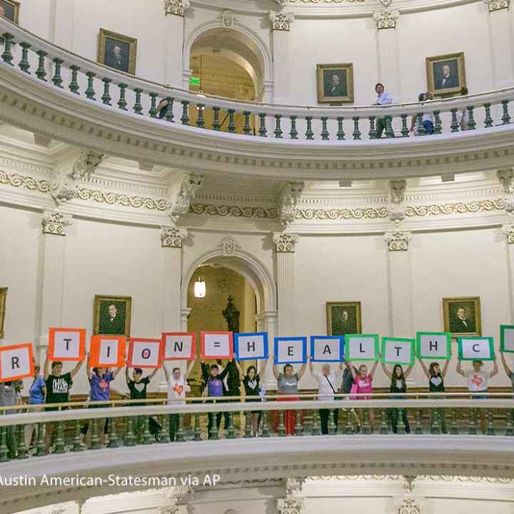 Photo: Representatives of the Trust, Respect, Access Coalition, holding multicolored signs spelling out ABORTION=HEALTHCARE, gathered in the Texas Capitol Rotunda Thursday afternoon July 27, 2017 to voice their opposition to abortion legislation being...