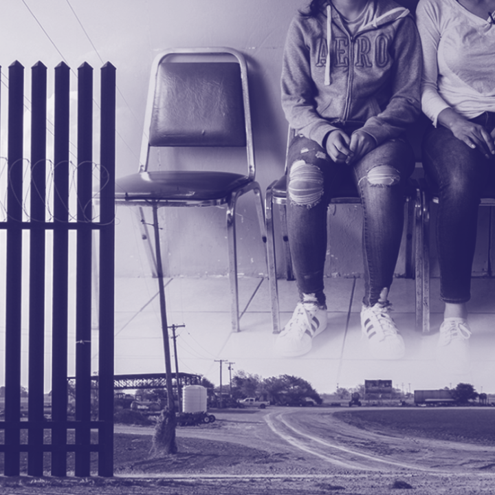 Collage image of the border wall and two asylum seekers seated and waiting