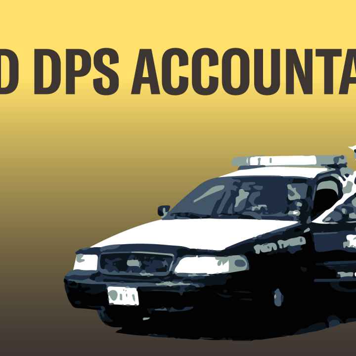 image of a dps officer outside of his patrol car with the text hold dps accountable above the image