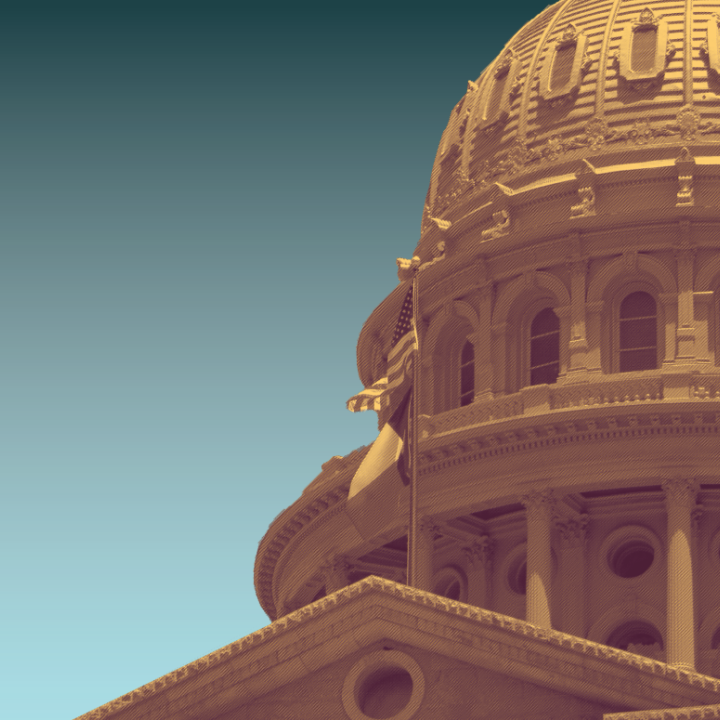 Image: A stylized image of the Texas Capitol building is juxtaposed against a gradient background