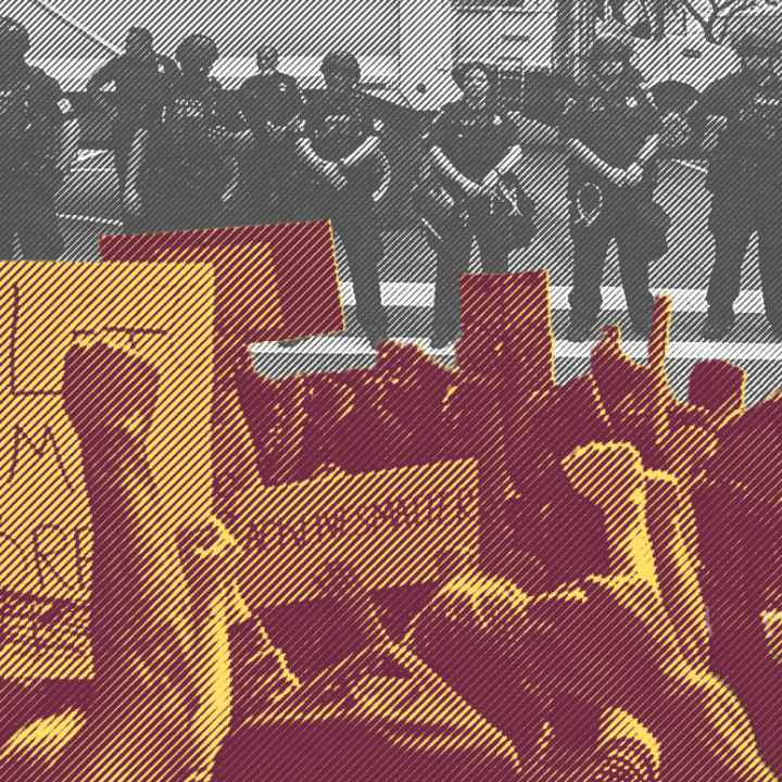 Image: A graphic shows two stylized photos collaged together. In the foreground is a crowd, fists, signs, and phones raised. In the background, police officers in riot gear stand in a line, facing the crowd.