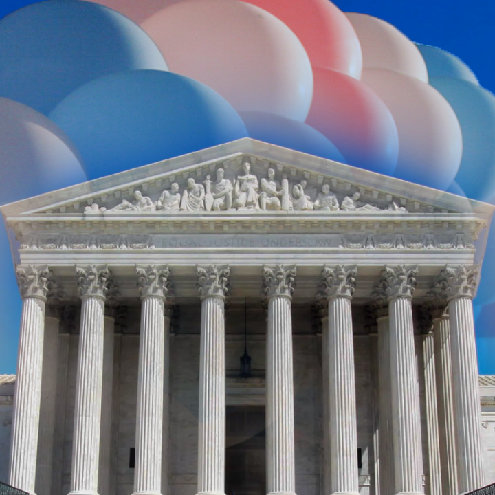 Image: A photo of the Supreme Court building is overlaid with a cluster trans pride colored-balloons.