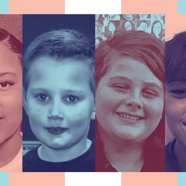 Image: A graphic shows four, stylized, and separate portraits of individual youth. Behind the portraits are multicolored bars representing the trans pride frlag 